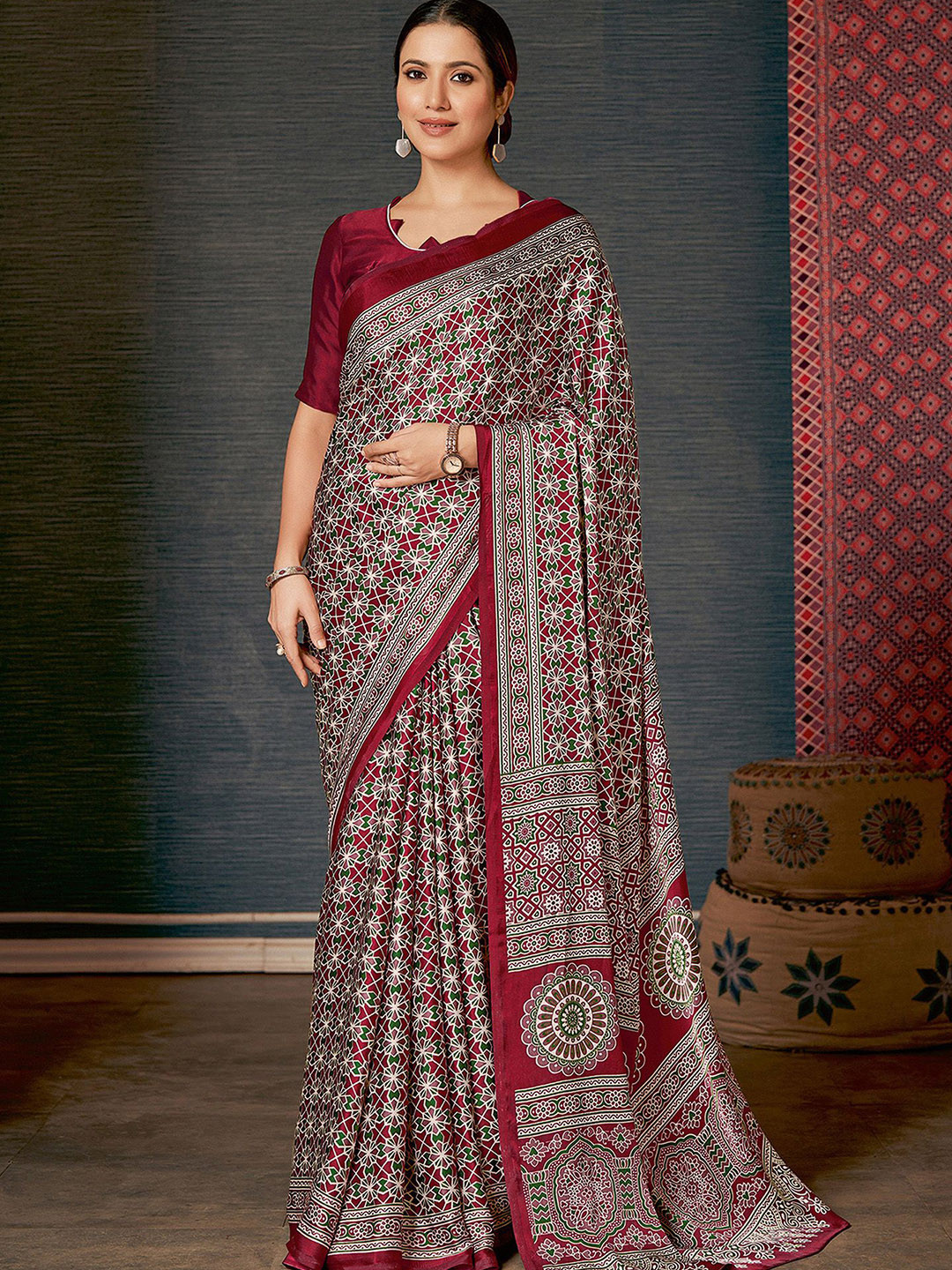 Anouk Rustic modal Ajrak Block Poly Crepe Block Print Saree with Blouse Piece