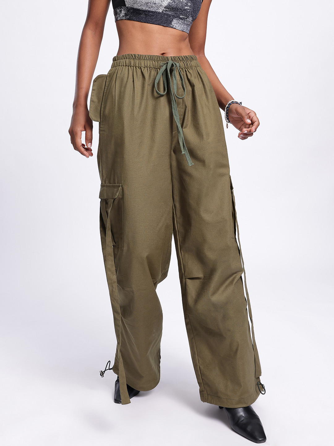 glitchez Women Olive Parachute Wide Leg Trousers