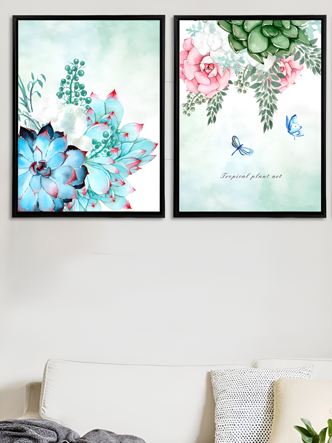 Art Street Back & Blue 2 Pieces Floral Printed Canvas Wall Paintings