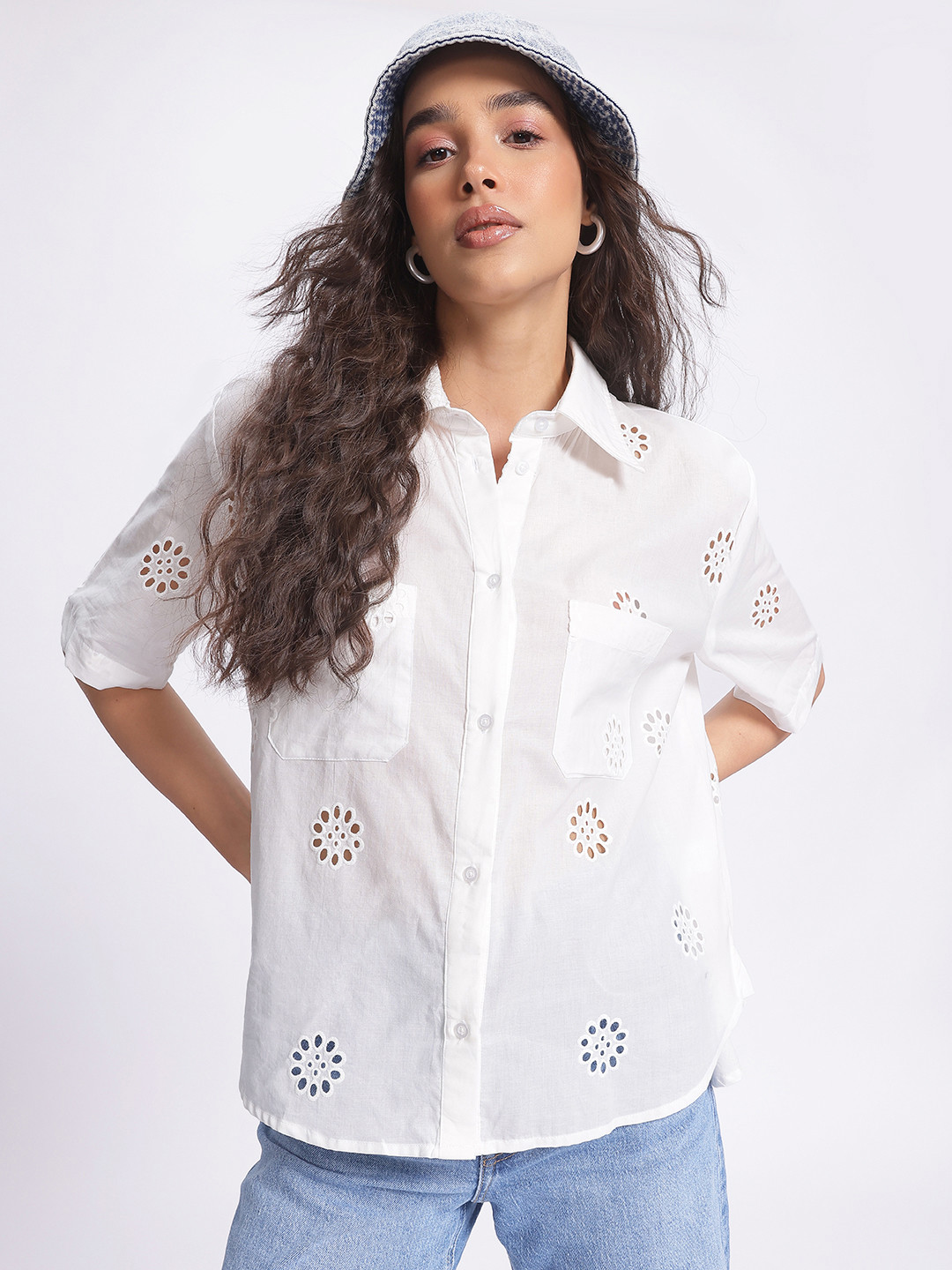 glitchez Self Design Chest Pocket Schiffli Relaxed Shirt