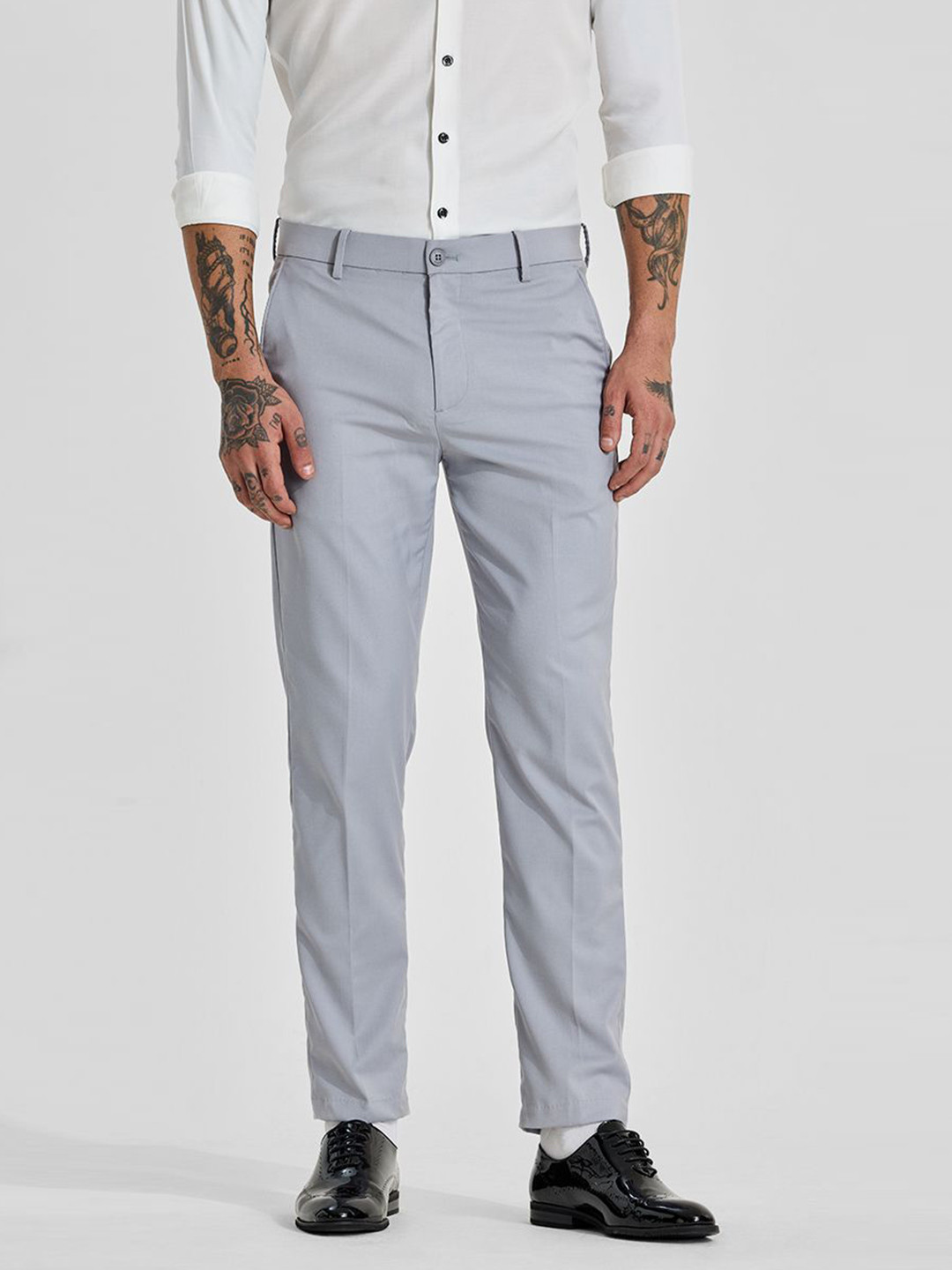 Snitch Men Light Grey Mid-Rise Slim Fit Formal Trousers