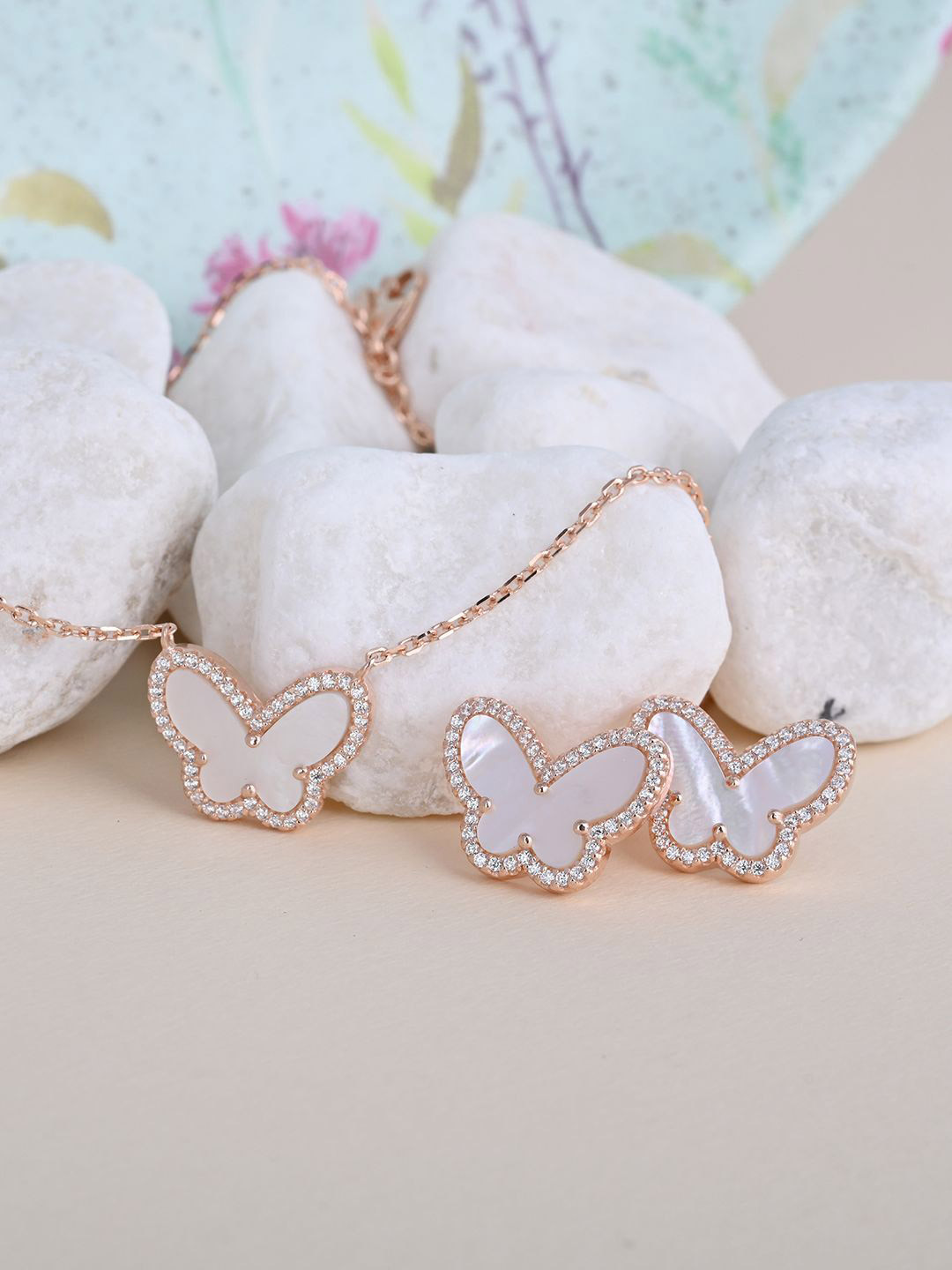 TOUCH925 925 Silver Rose Gold Stone-Studded Jewellery Set