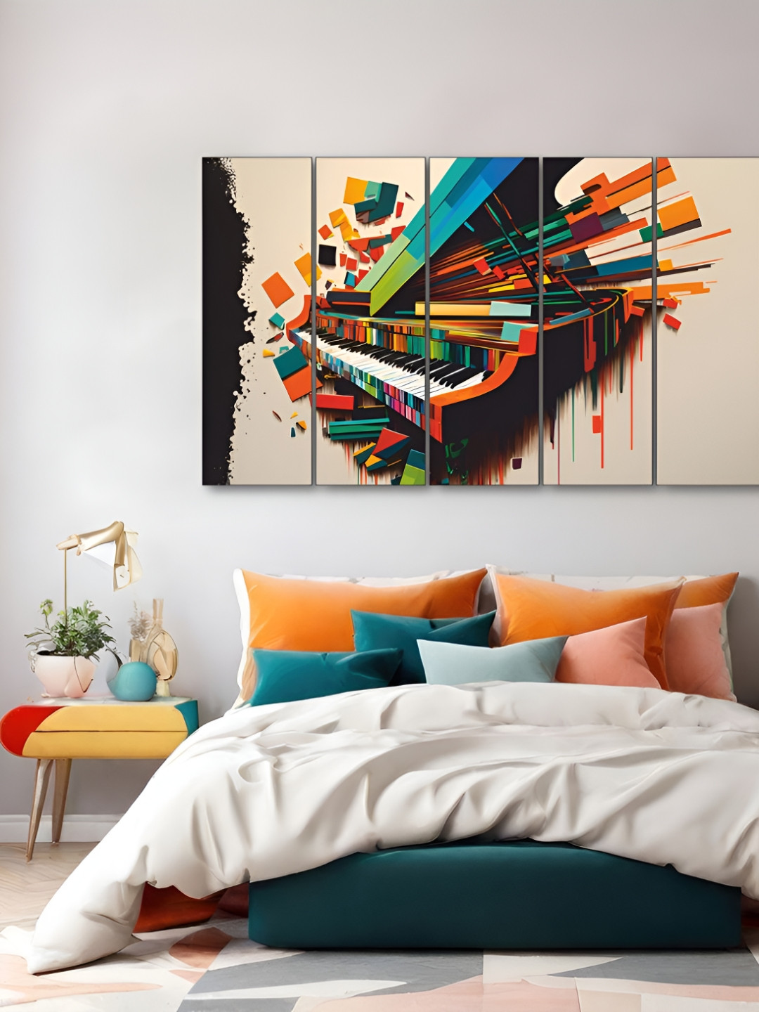 The Castle Decor Beige & Blue 5 Pieces Abstract Wooden Paintings Wall Arts