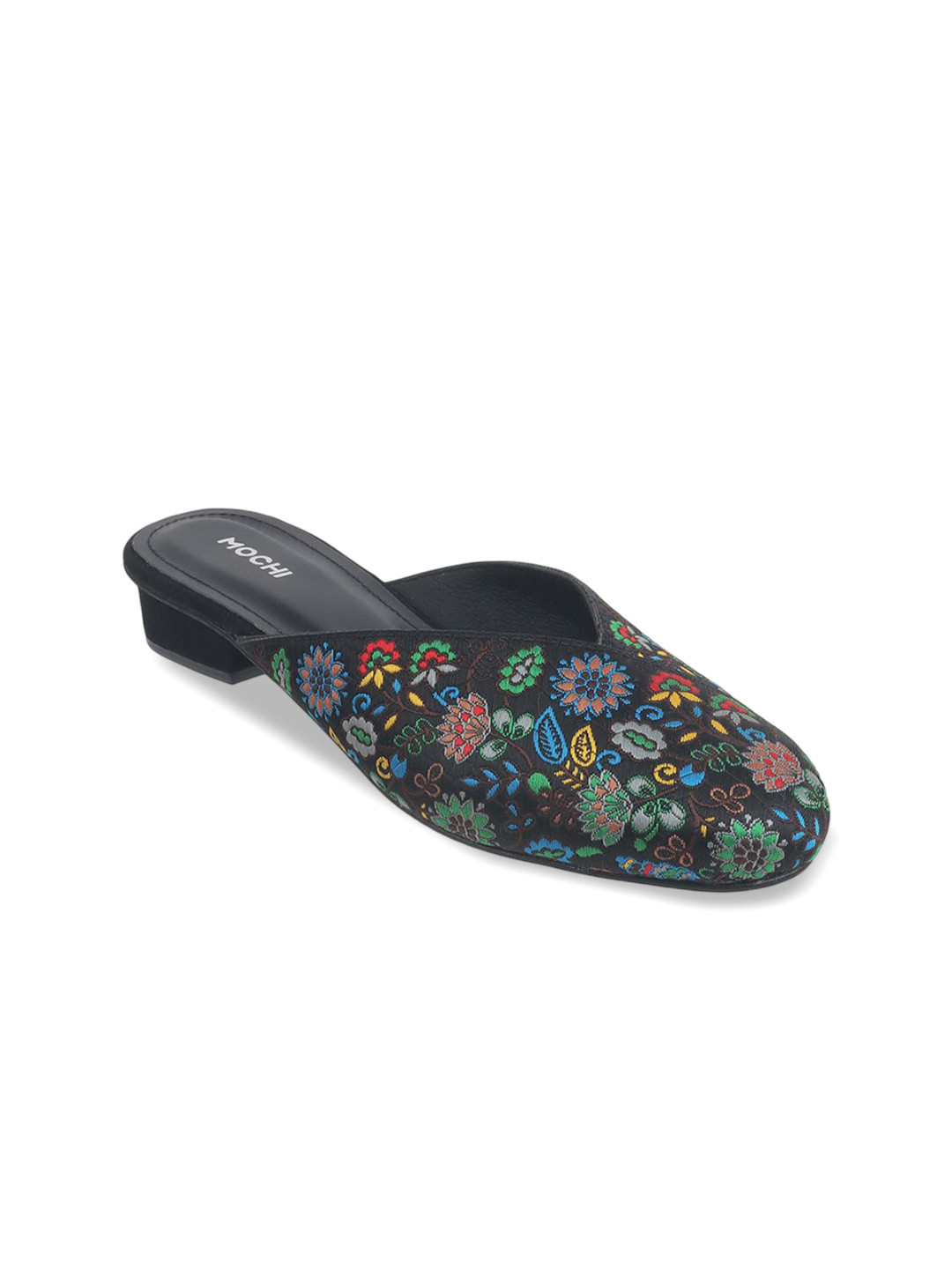 Mochi Womens Black Emboridered Ethnic Printed Block Heel Mules