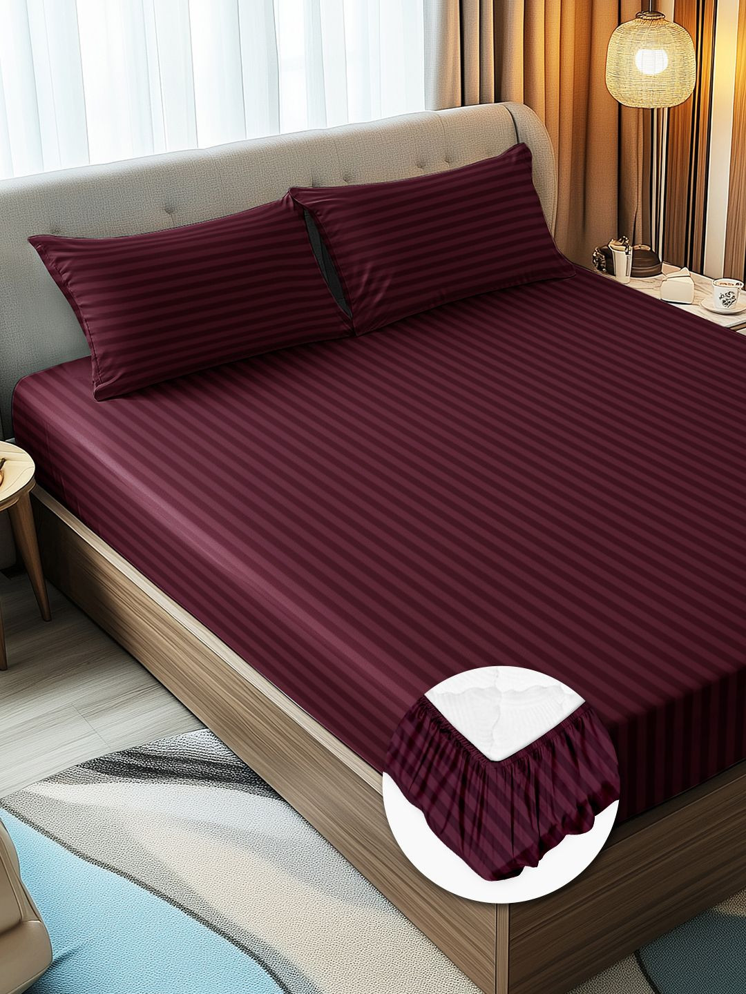 Story@home Maroon Striped Microfiber 300 TC Fitted Queen Fine Bedsheet with 2 Pillow Covers-87 x 94 inches