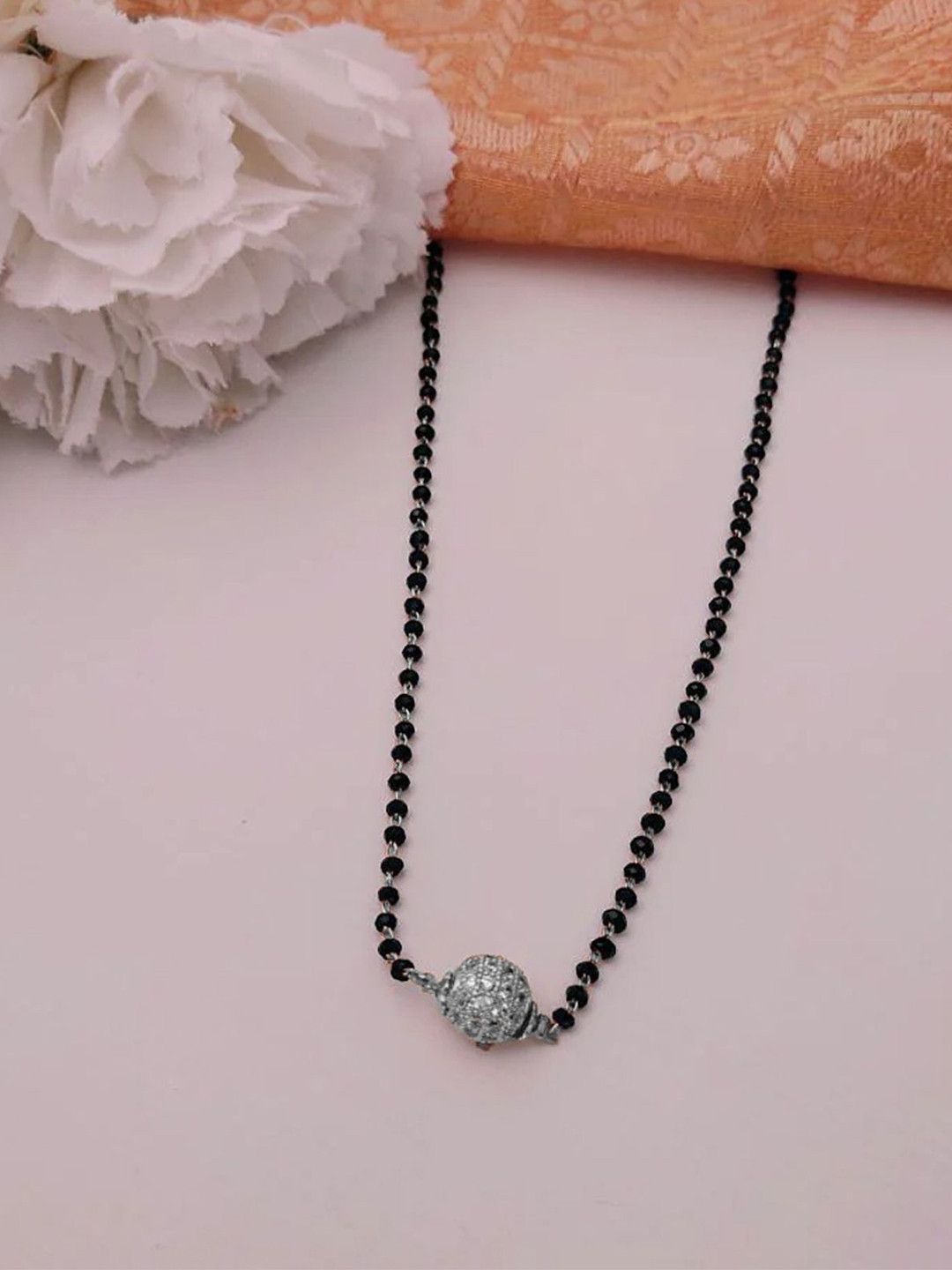 VAMA Silver Ball Black Beads Chain Diamond stone Necklace Tanmaniya Mangalsutra