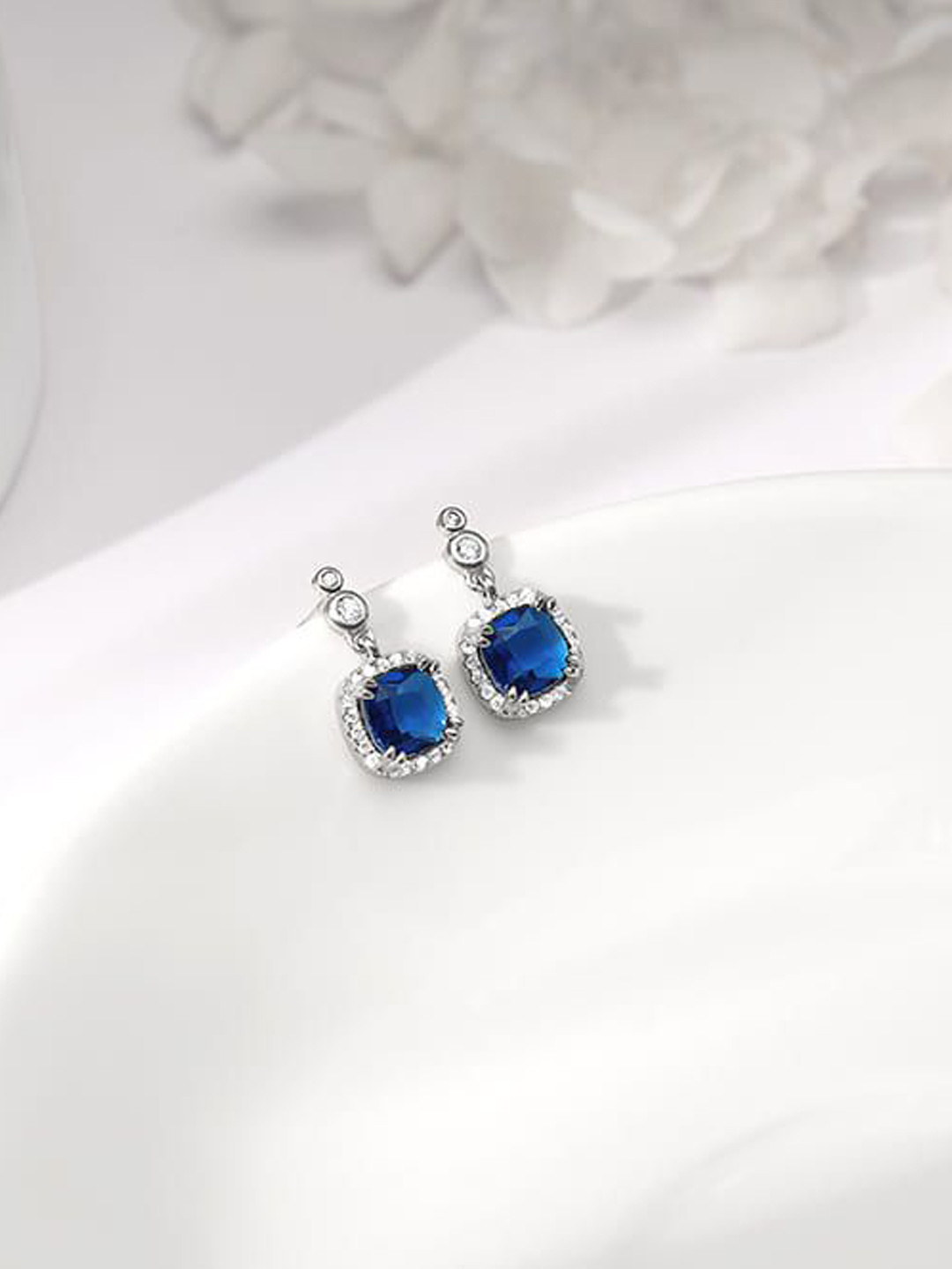 GIVA 925 Silver Rhodium-Plated Zircon Square Shaped Sapphire Blue Halo Earrings