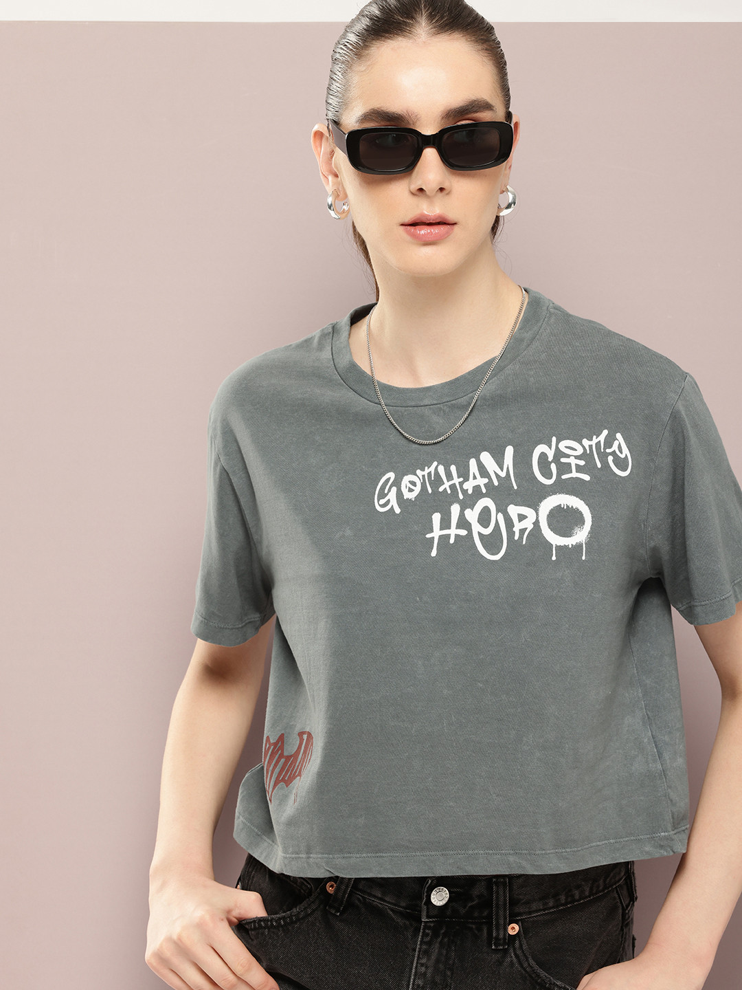 Kook N Keech Batman Printed Washed Effect Boxy Pure Cotton Crop T-shirt