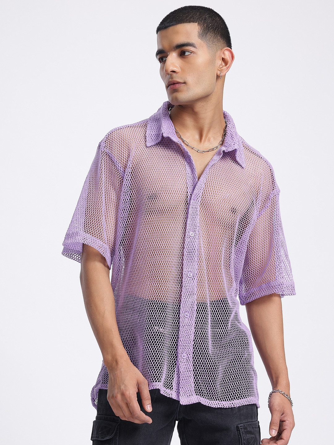 glitchez Sheer Self Design Relaxed Shirt