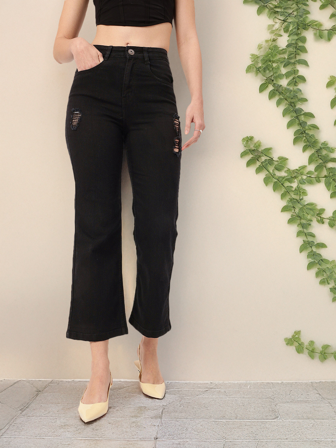 DressBerry Women Distressed Bootcut Cropped Jeans