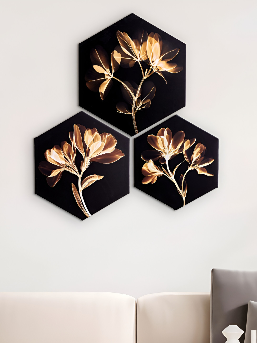 Home Centre Black & Gold Toned 3 Pieces Printed Hexagonal Picture Frames