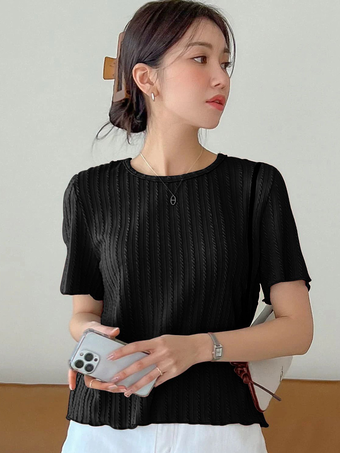 SZN Black Cotton Top with Vertical Stripes