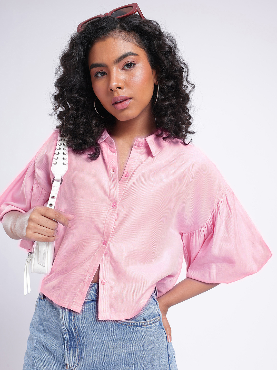 DressBerry Puffed Sleeves Boxy Crop Shirt