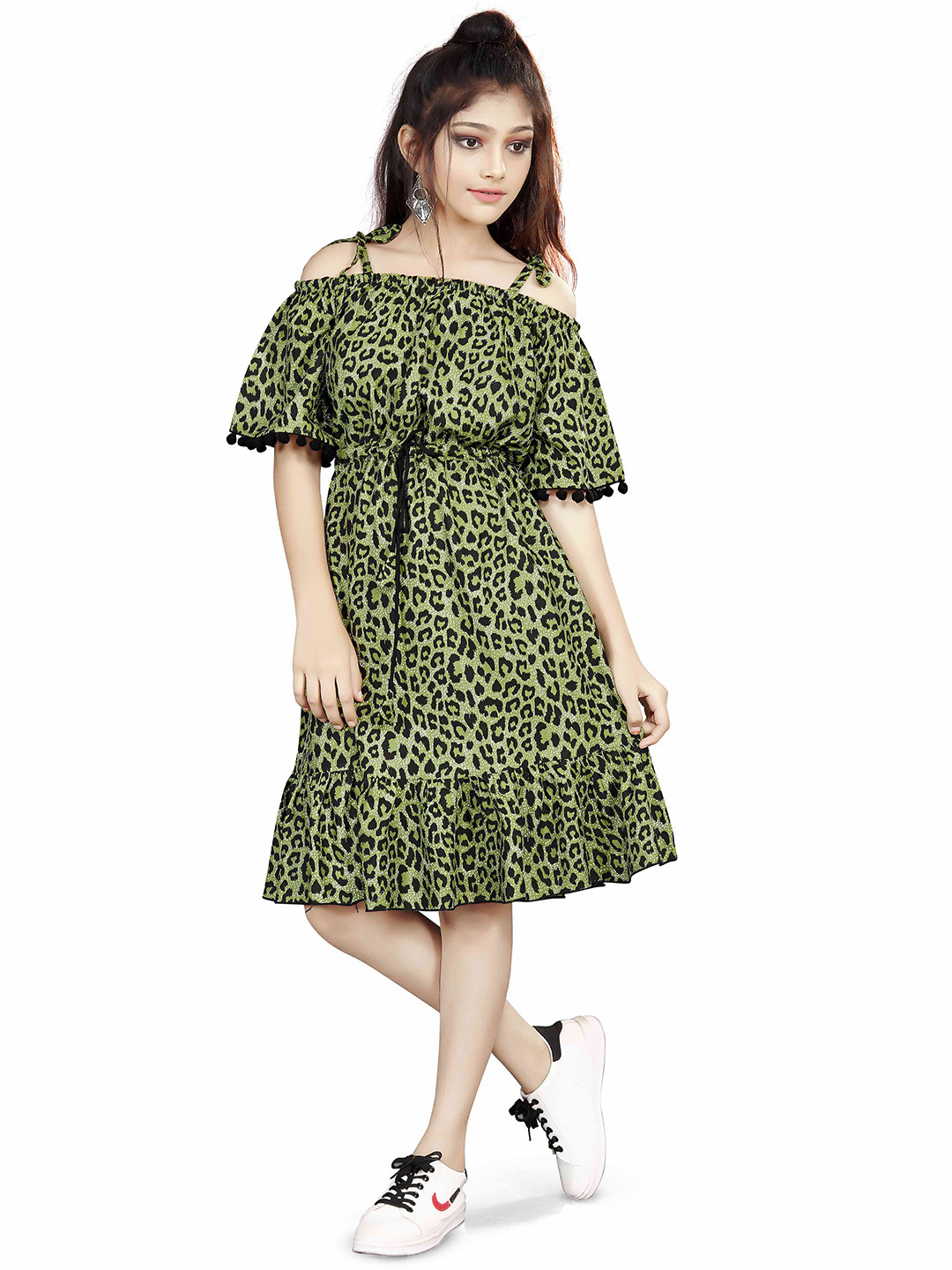 Kids stylish Animal Print Off-Shoulder Fit & Flare Dress