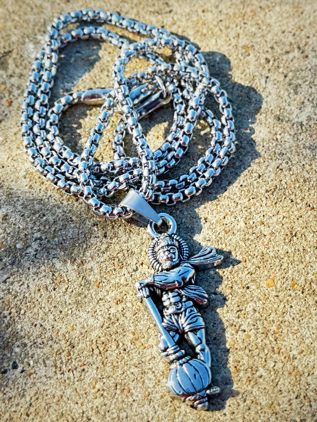 AKLINA Silver-Plated Lord Hanuman Gadadhari Oxidised Pendants With Chains