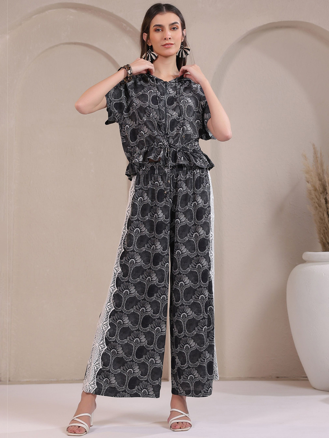 Nyaro Printed Top With Palazzo Co-Ord Set with Lace & Zip-Style Shirt