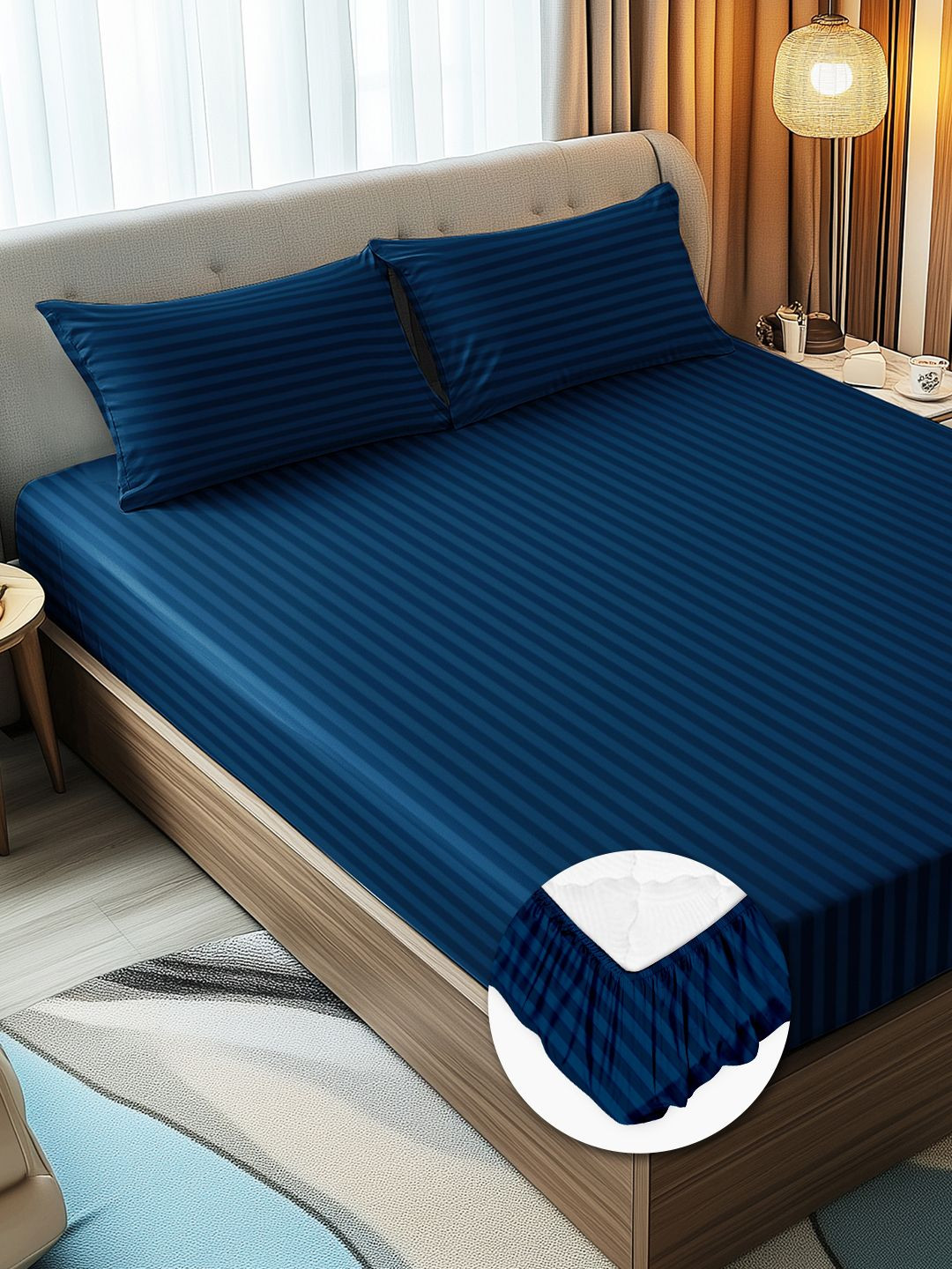 Story@home Navy Blue Striped Microfiber 300 TC Fitted Queen Fine Bedsheet with 2 Pillow Covers-87 x 94 inches
