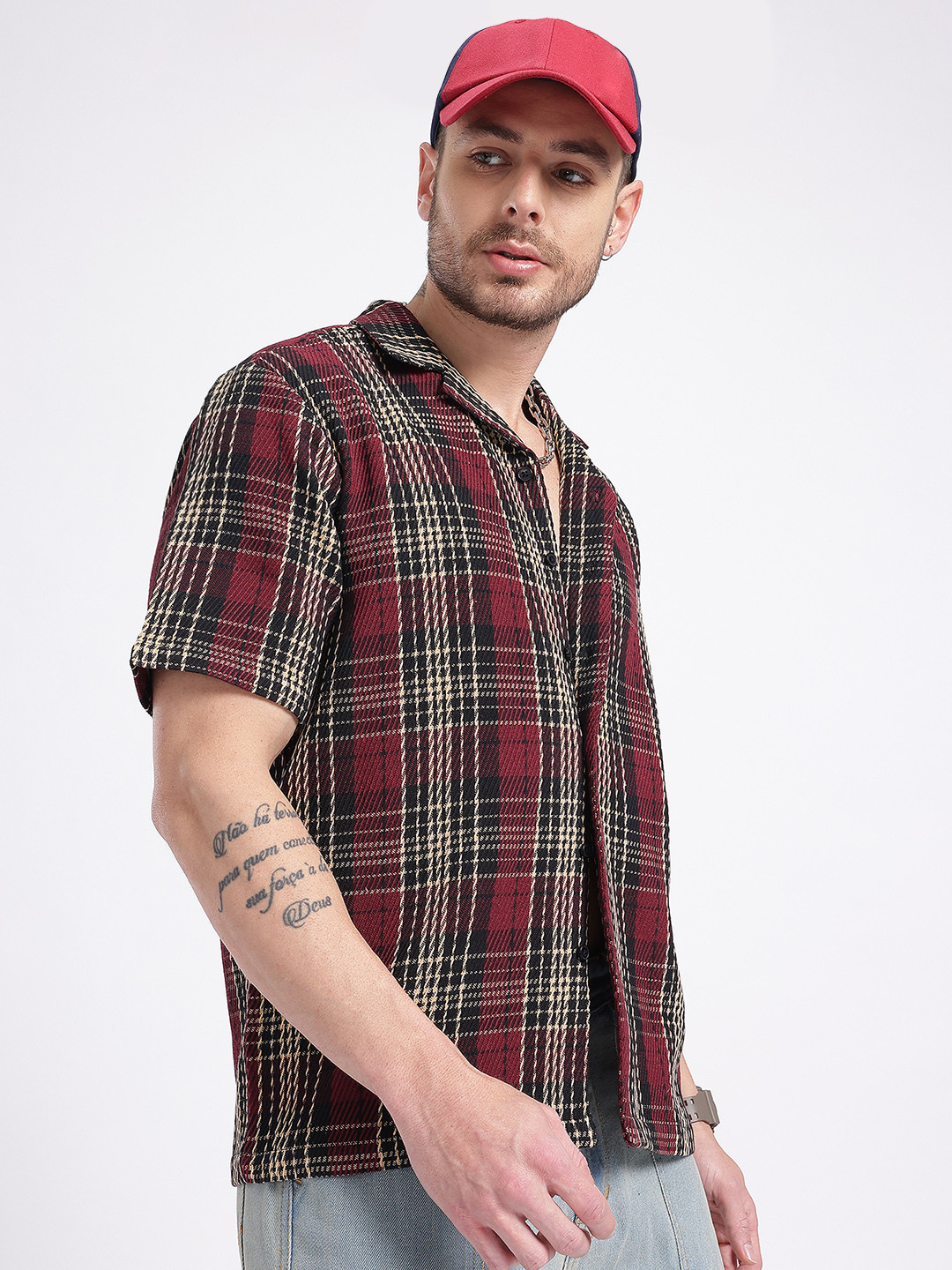 glitchez Tartan Cuban Collar Relaxed Fit Shirt with Textured Detail