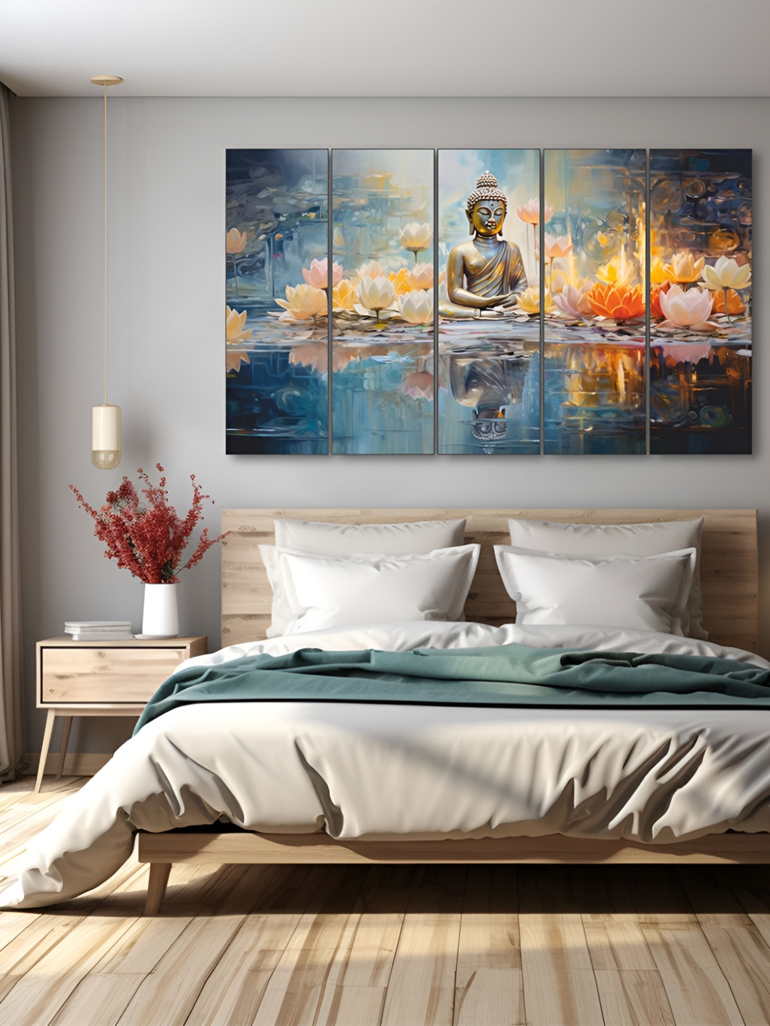 The Castle Decor Grey & Gold-Toned 5 Piece Wooden Lord Budha Religious Wall Paintings