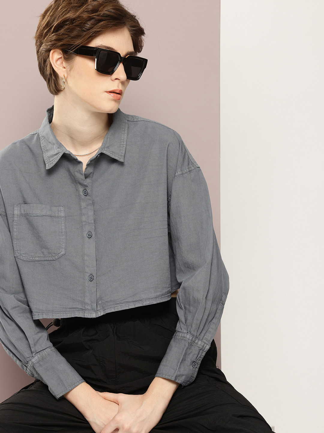 Kook N Keech Boxy Fit Spread Collar Drop Shoulder Pure Cotton Casual Crop Shirt