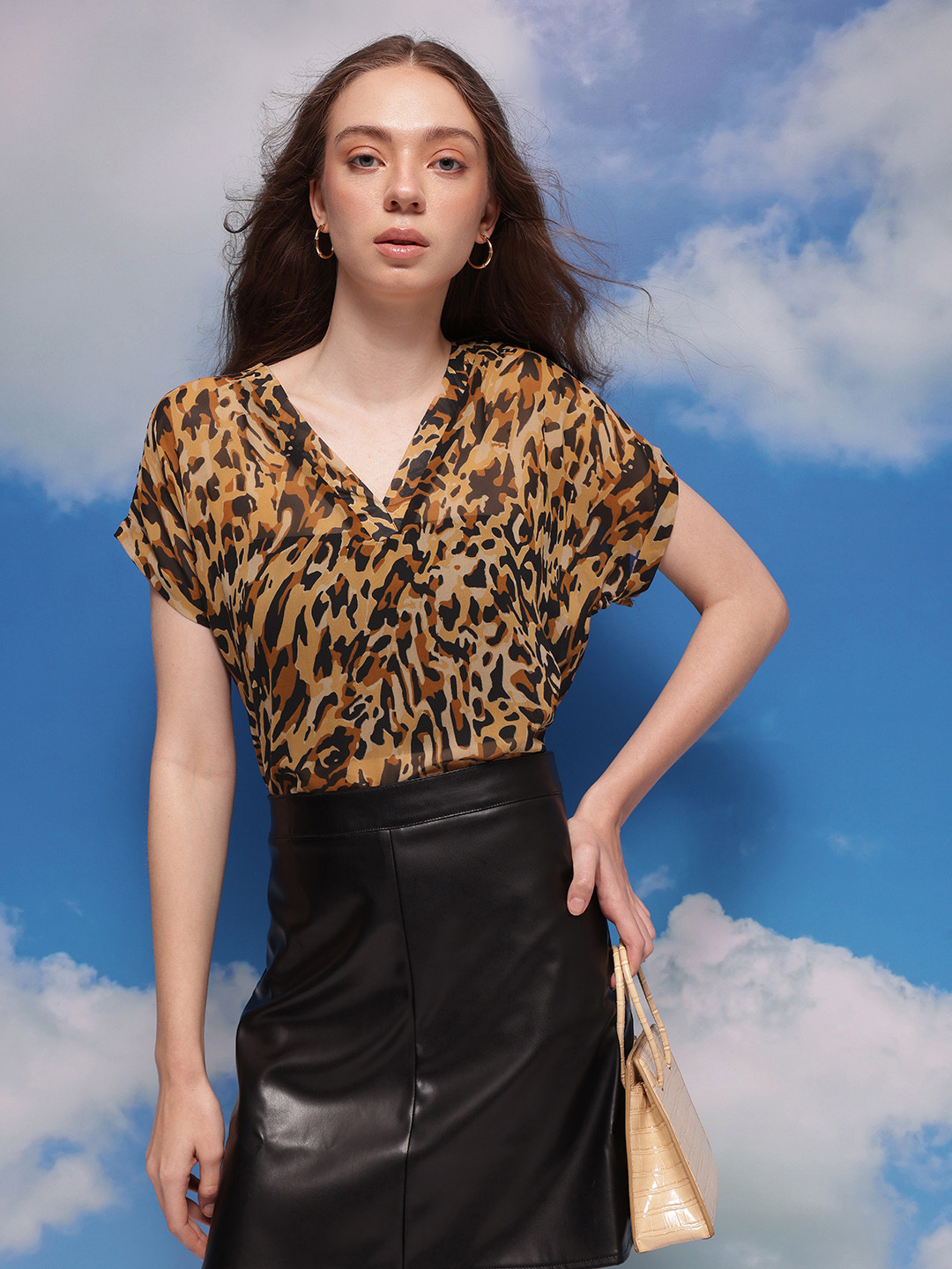 CORSICA Animal Skin Print Extended Sleeves Boxy Top