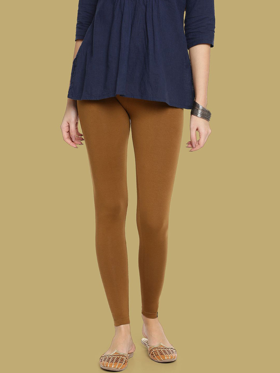 TWIN BIRDS Women Cotton Blend Solid Golden Brown Ankle Length Legging