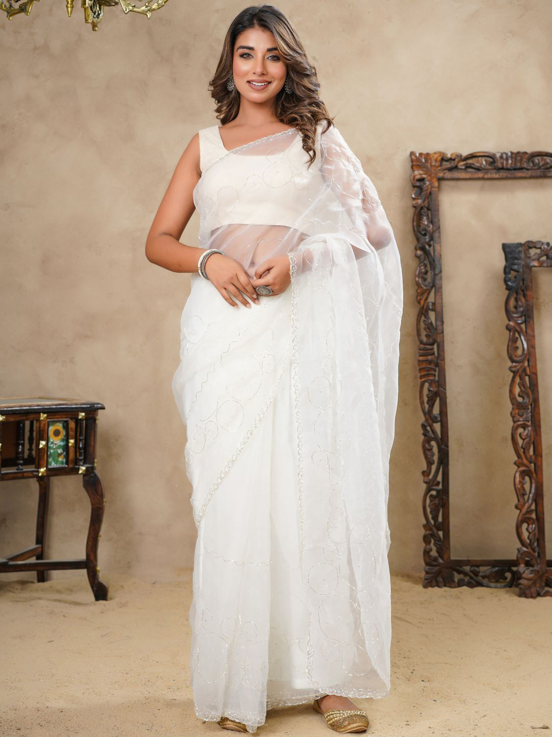 HOUSE OF JAMOTI Beige Cutdana Circles With Sequence Bead Hightlight Saree