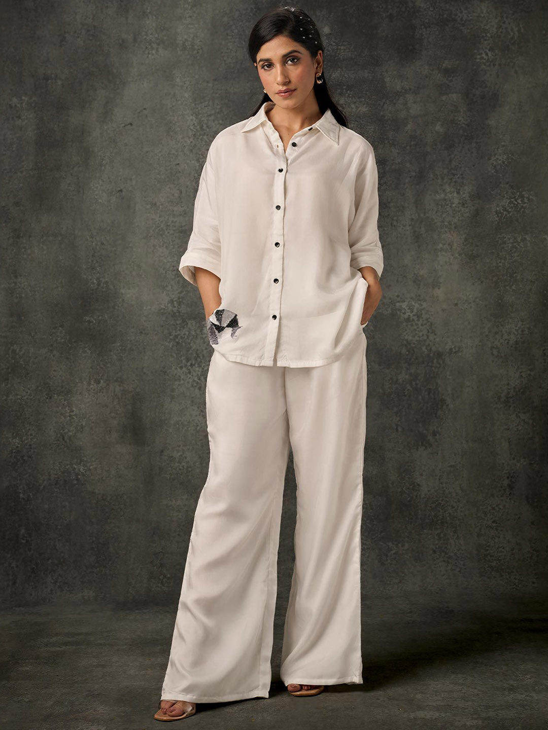 Phulkari Forever Shirt Collar Thread Work Pure Silk Shirt & Trousers