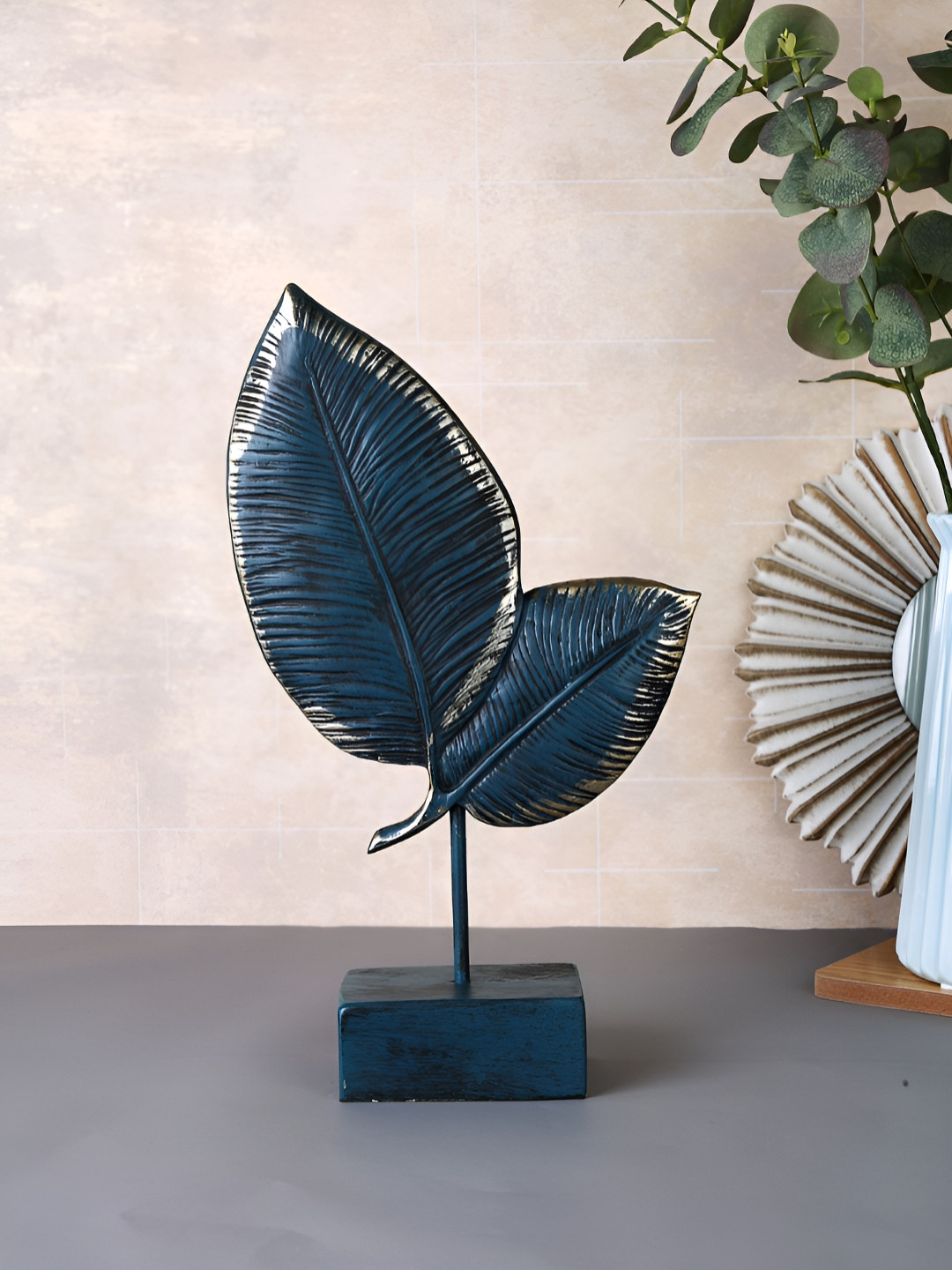 Myntra Elegant Homes Twin Blue Leaf Turquoise Blue Resin Glossy Living Room Medium Showpiece - 11.8 Inches