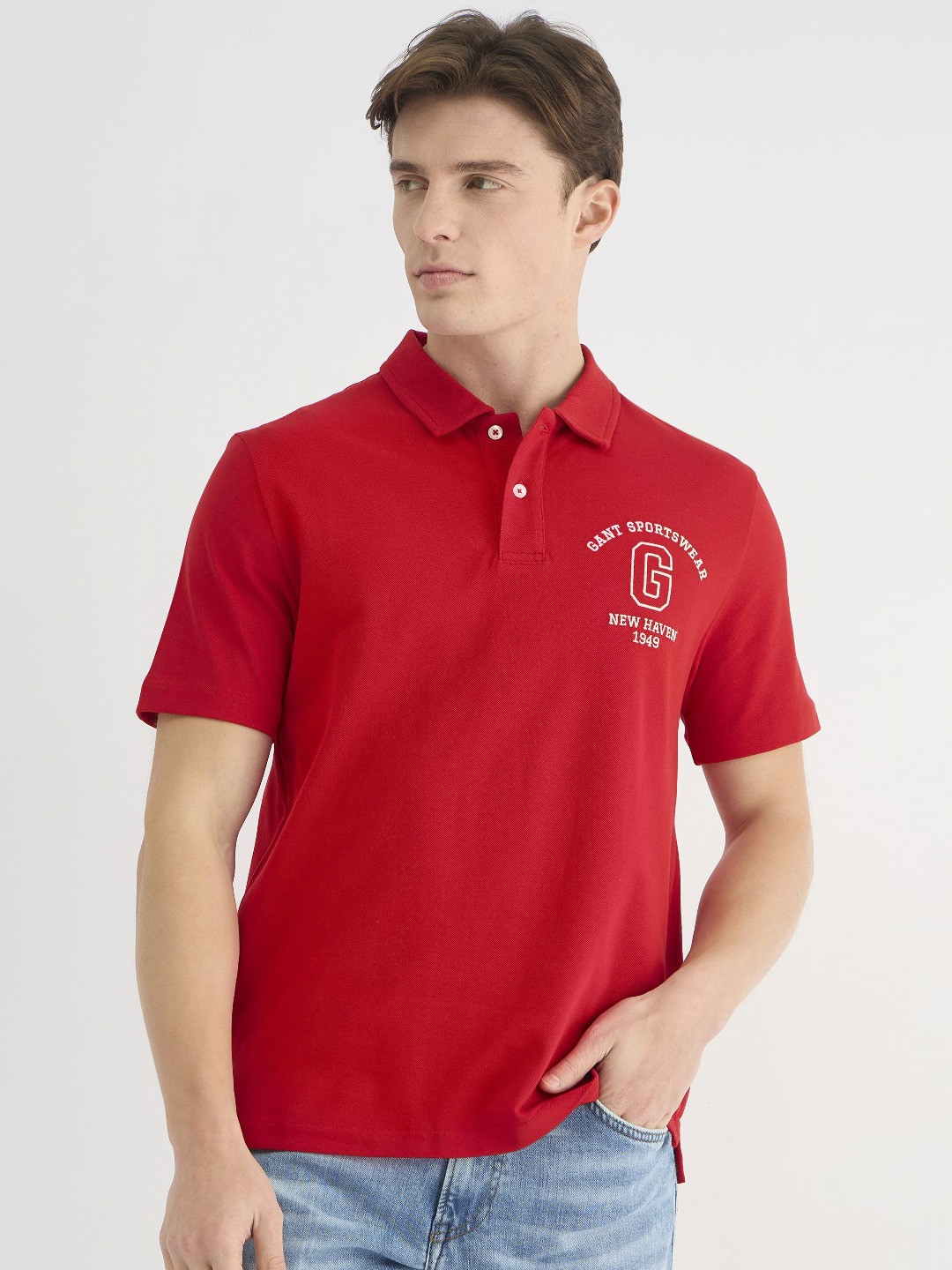 GANT Men Embroidered Chest Graphic Pure Cotton Polo Collar T-Shirt