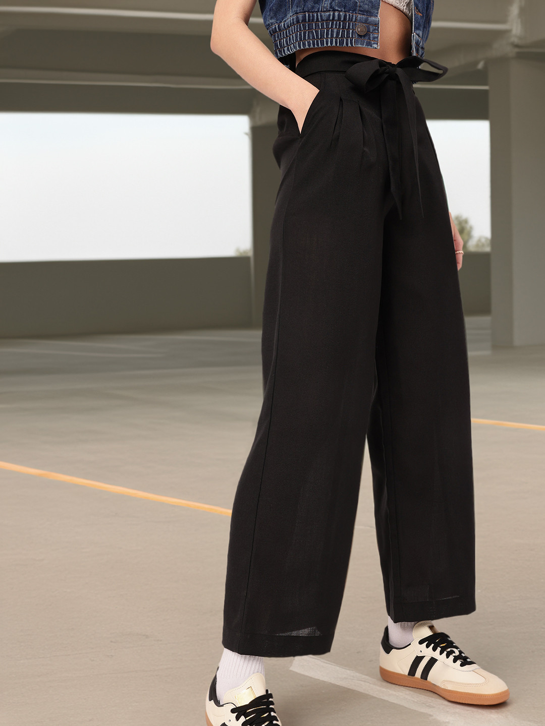 DressBerry Ribbon Tie-Up Pleated High-Rise Wide Leg Trousers