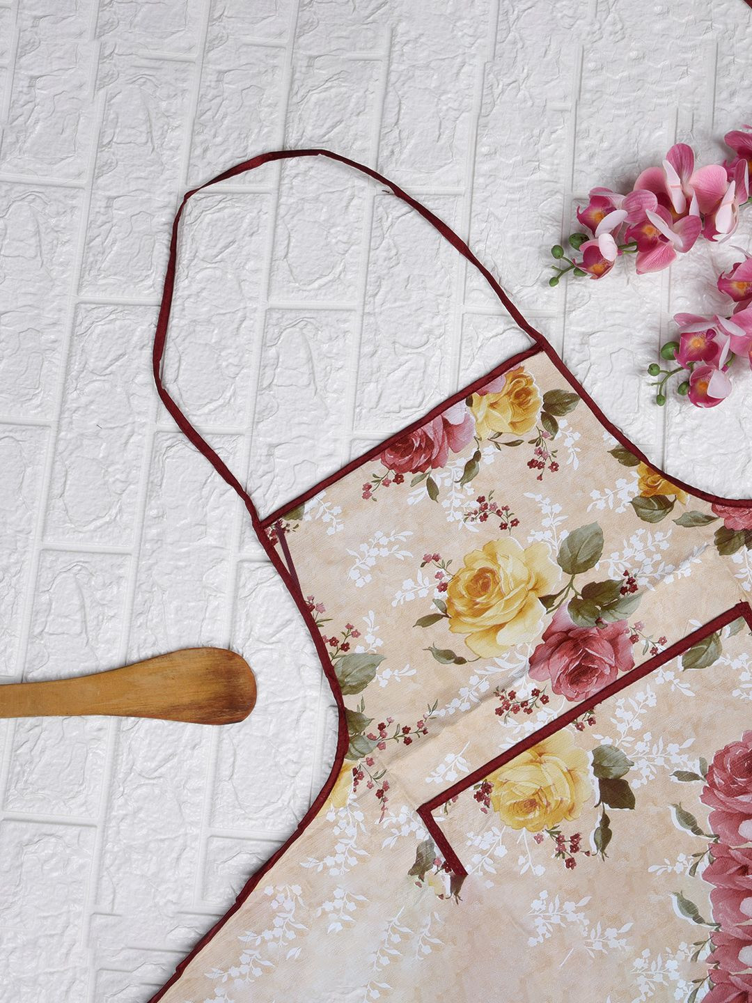 Kuber Industries Beige & Pink Floral Printed Skin Friendly Aprons With Ties
