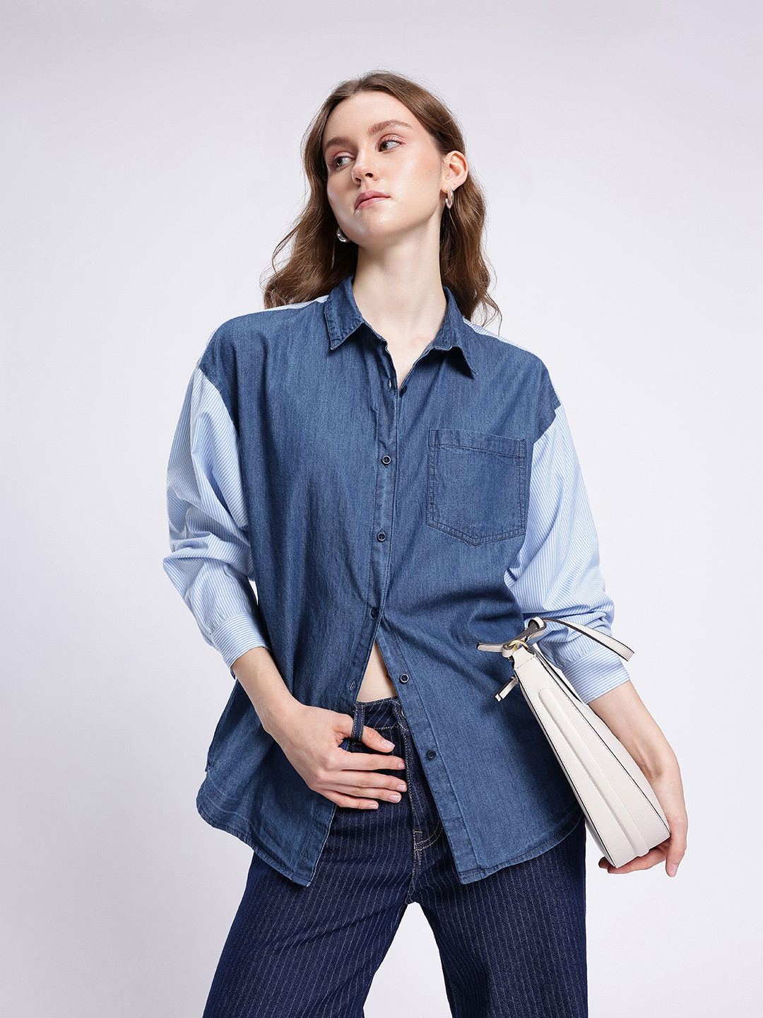 Kook N Keech Chambray Colourblocked & Striped Oversized Shirt