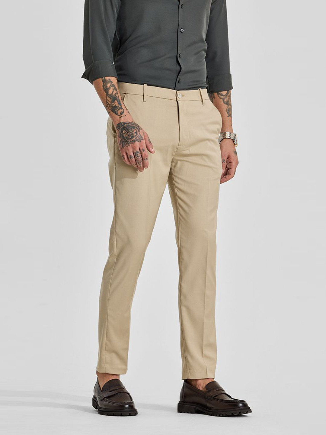 Snitch Men Light Beige Mid-Rise Slim Fit Formal Trousers
