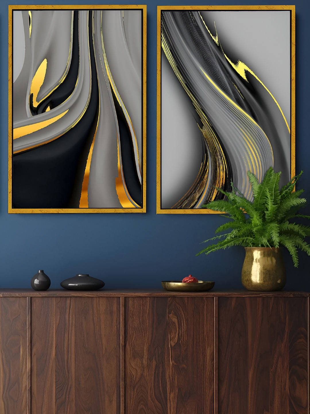 Art Street Gold Foil Lines Canvas 2 Piece Wall Rectangle Paintings Wall Art -17 x 23 In