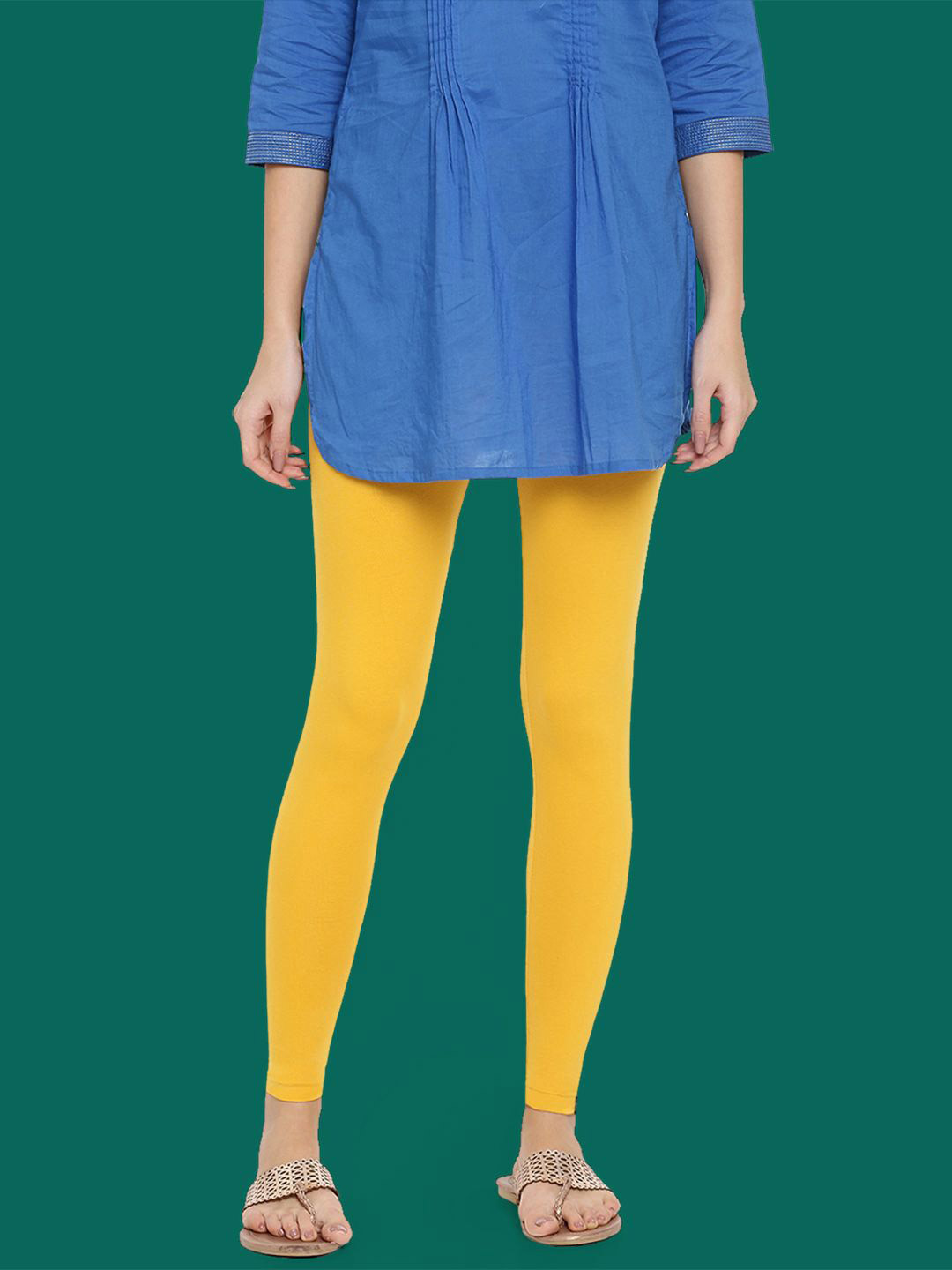 TWIN BIRDS Women Cotton Blend Solid Mari Gold Ankle Length Leggings