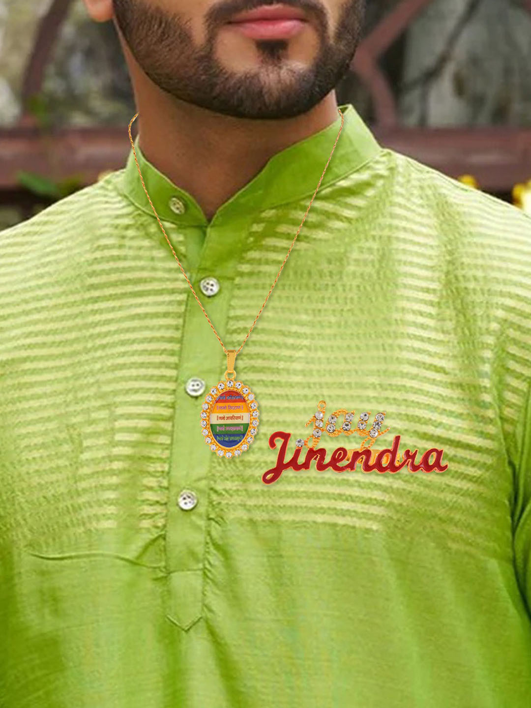 MEMOIR Gold-Plated Cubic Zirconia Studded Jain Namokar Mantra Pendant With Brooch Pin