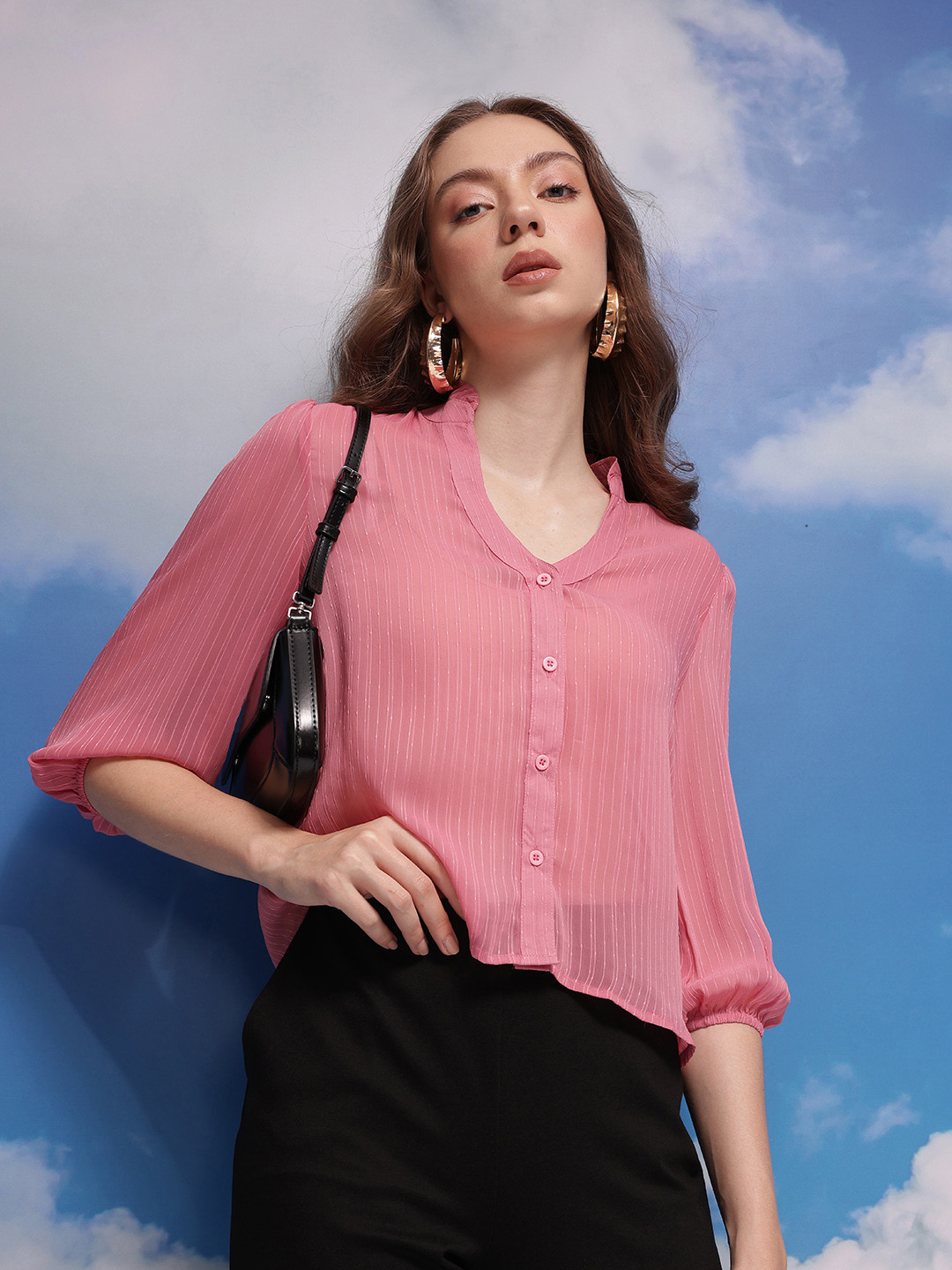 CORSICA Striped Textured Shirt Style Top