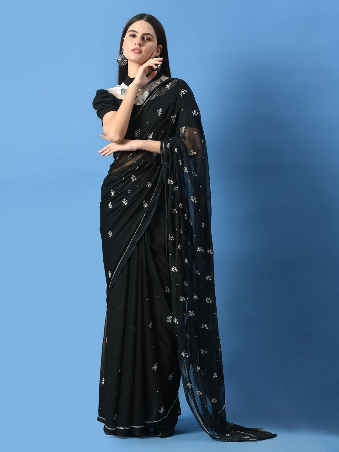 House of Chiffon Black Jag Mag Sitara Buti Saree