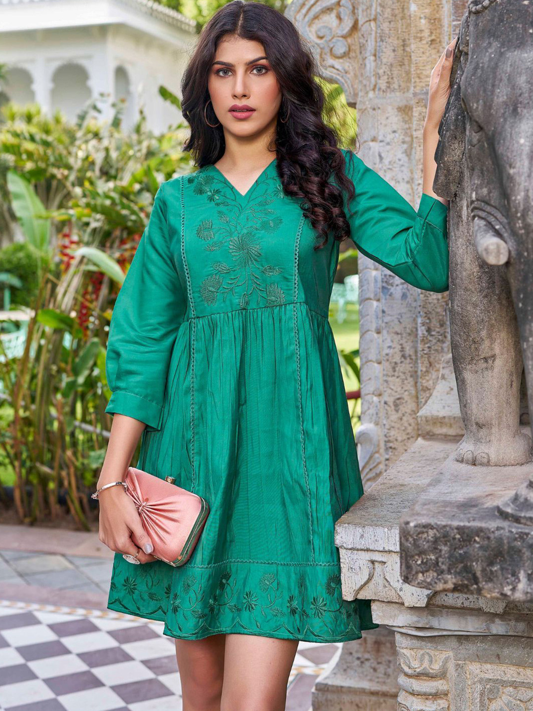 Kesudi Green Floral Embroidered A-Line Mini Dress