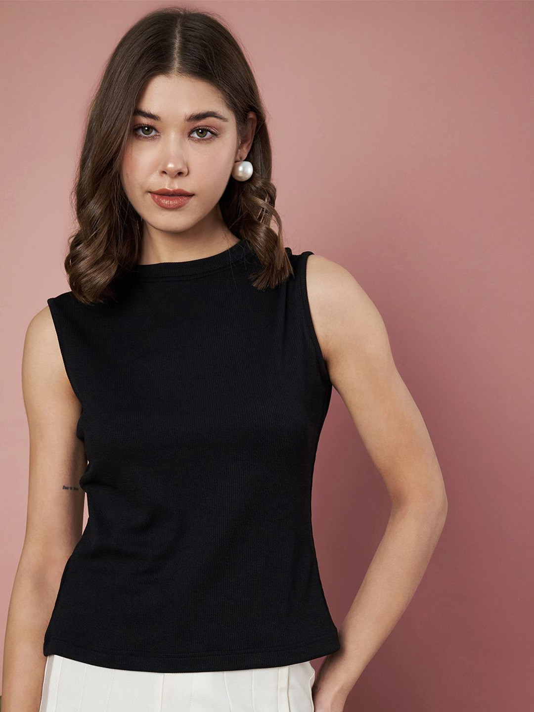 SZN Black Ribbed High Neck Sleeveless Top