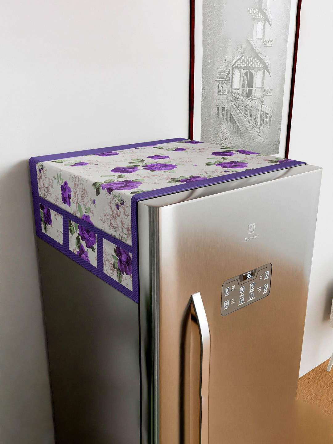 Kuber Industries White & Purple Printed Fridge Top Cover With 6 Side Pockets
