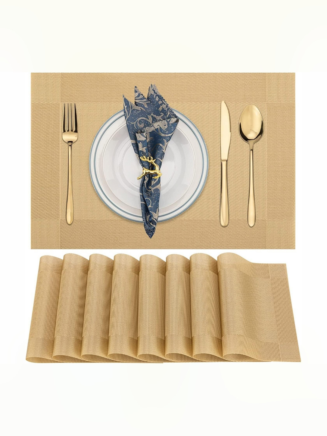 We3 8 Pieces Gold- Toned Woven Vinyl Washable Table Placemats