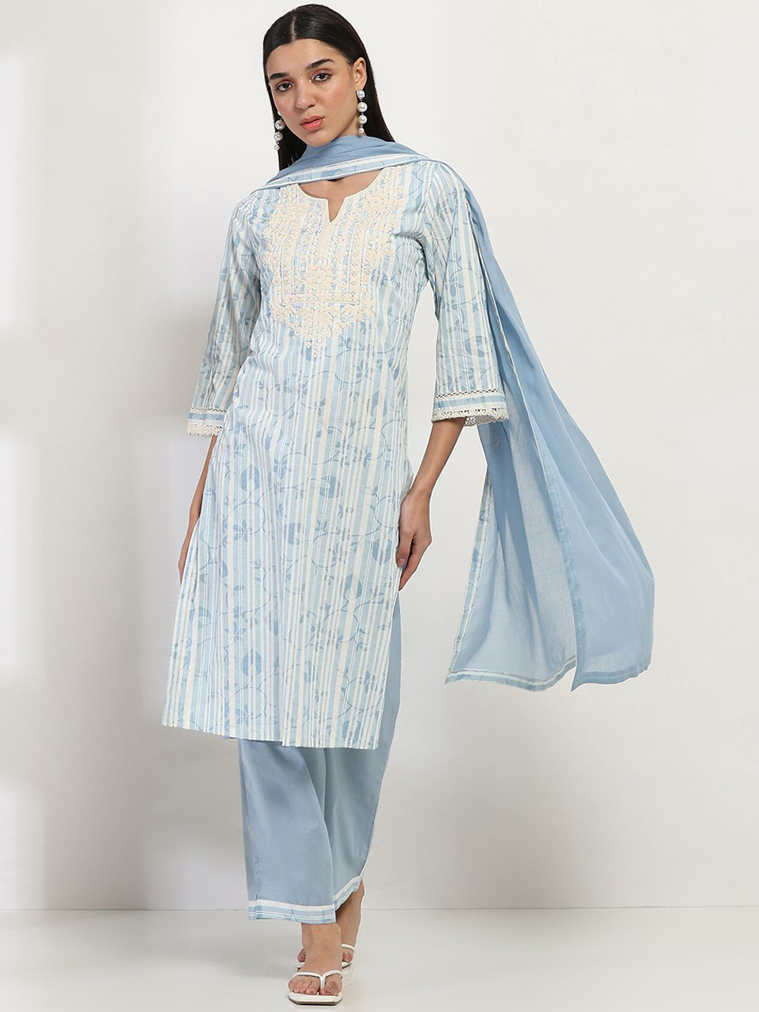 Rangriti Floral Printed Thread Work Pure Cotton Straight Kurta With Trousers & Dupatta