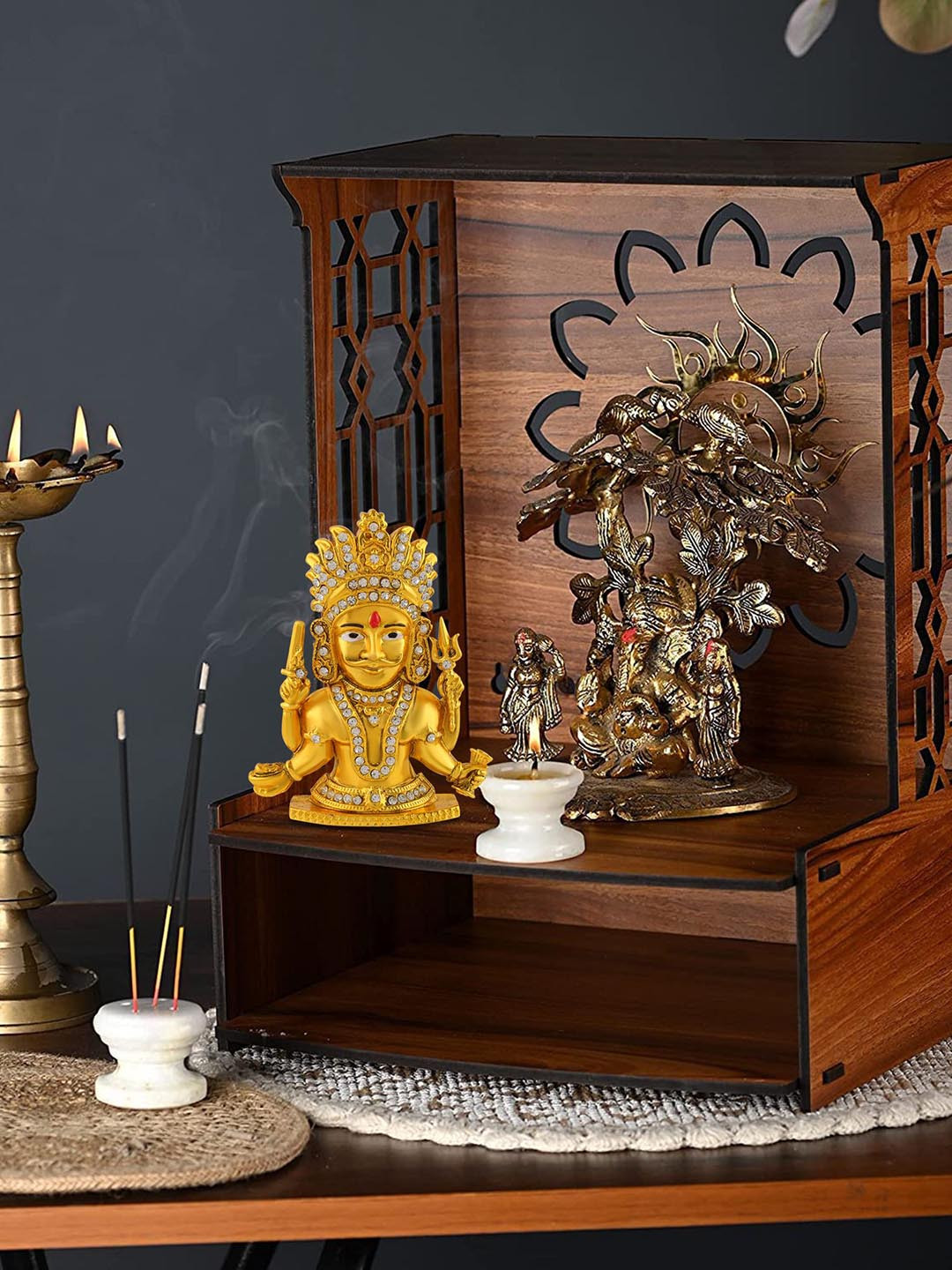 MEMOIR Nakoda Bhairav Jain Gold Brass Metallic Prayer Room Medium Showpiece - 4 Inches