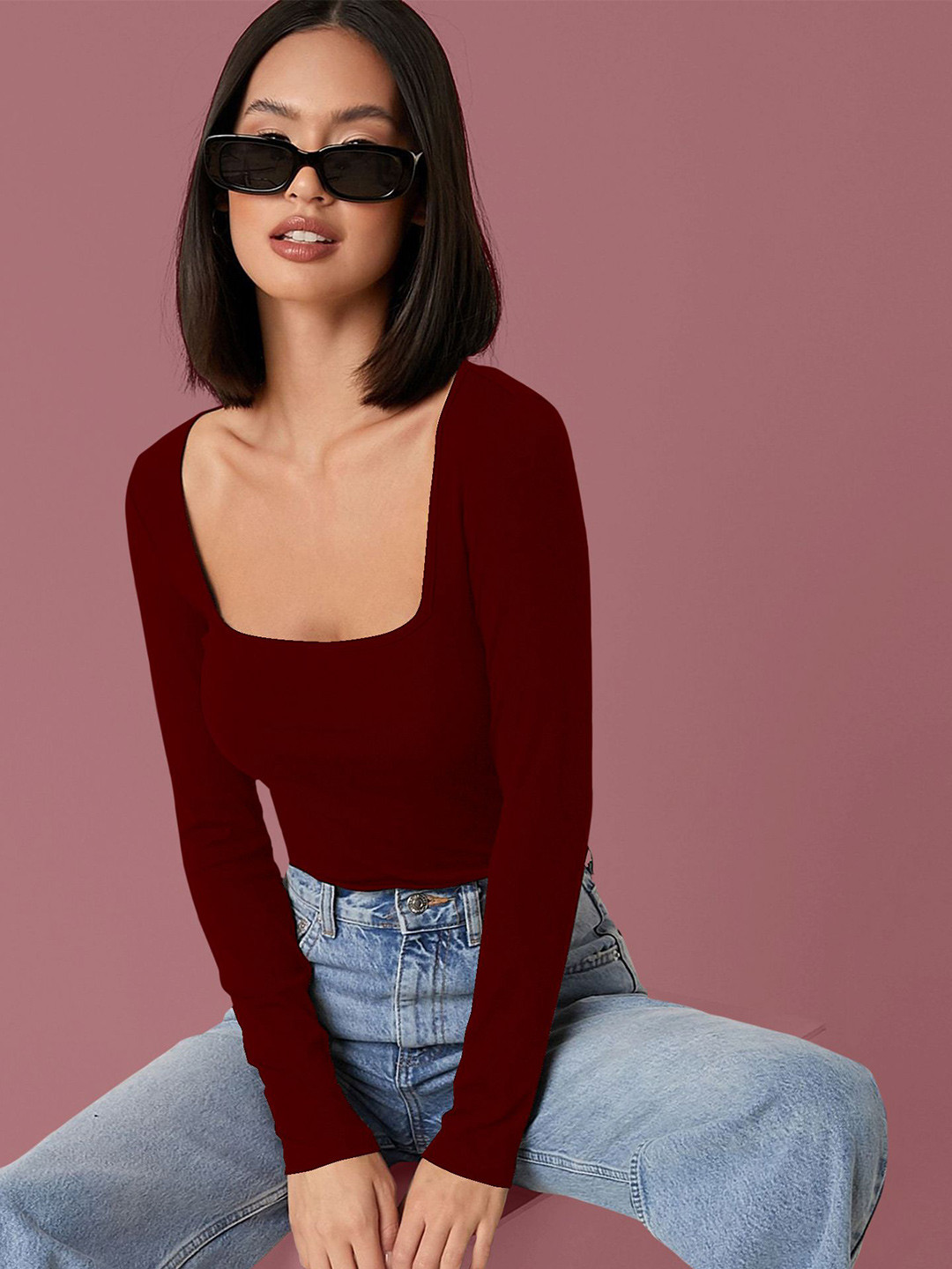 Dream Beauty Fashion Women XS Square Neck Full Sleeves Fitted Top