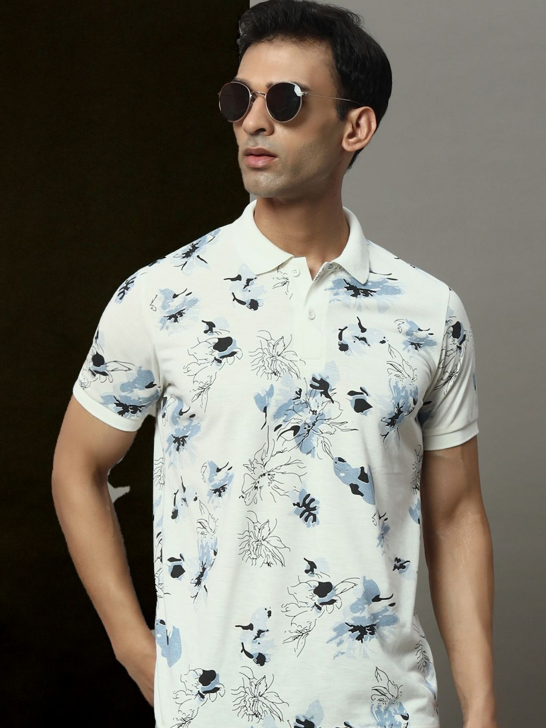 OGEN Men Floral Printed Polo Collar Raw Edge T-shirt