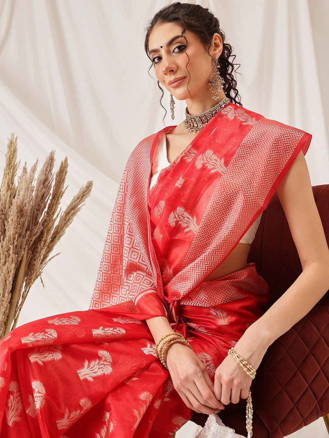 DIVASTRI Floral Banarasi Organza Soft Silk Red Saree