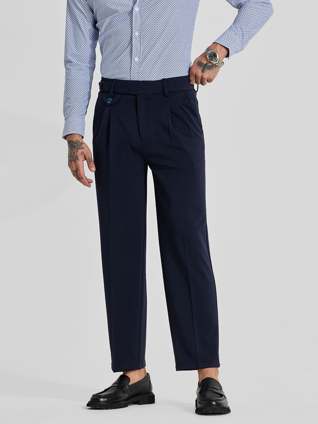 Snitch Men Dark Navy Blue Mid-Rise Regular Fit Pleated Trouser