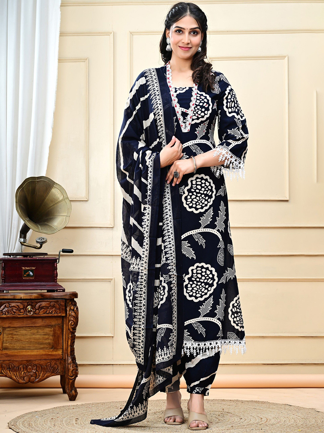 RAABA Floral Printed Square Neck Mirror Work Straight Kurta With Salwar & Dupatta